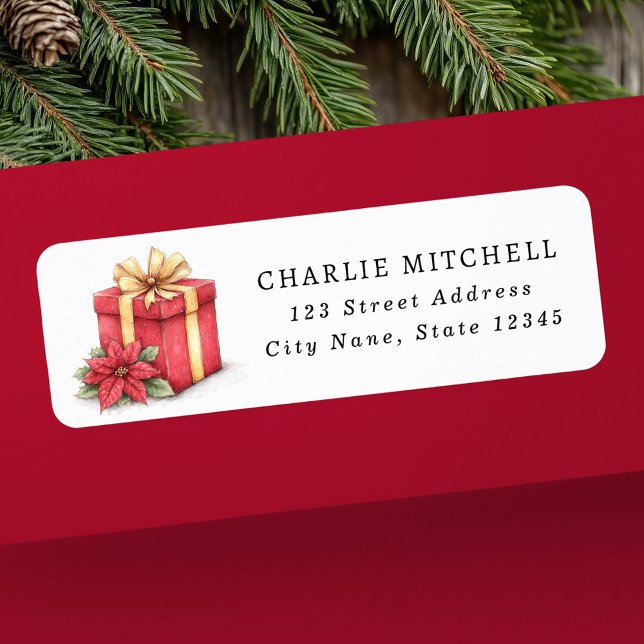 Cadeau de Noël rouge avec adresse de retour poinse (Red Christmas gift with poinsettia return address Label)