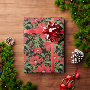 Cadeau Élégance de poinsettia sur papier d'emballage noir