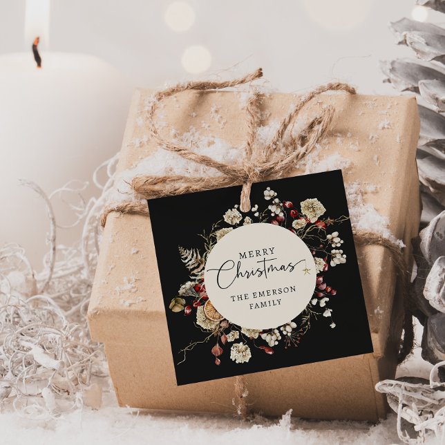 Cadeau Étiquettes de faveur de Noël noir (Black Boho Botanical Merry Christmas Favor Tags
)