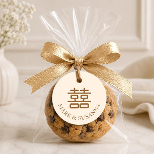 Cadeau Étiquettes de mariage rondes Double Bonheur Marron