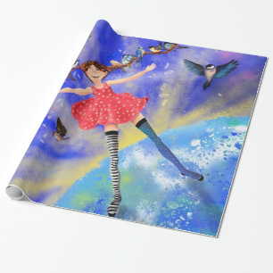 Cadeau Fille avec oiseaux enveloppant papier Imaginaire c
