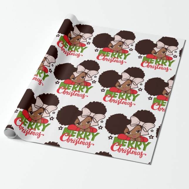 Cadeau Fille noire de Noël Afro Papier à envelopper (Déroulé)