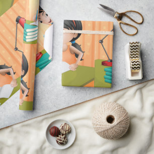 Cadeau Fille Travaillant Sur Un Papier D'Enveloppement De