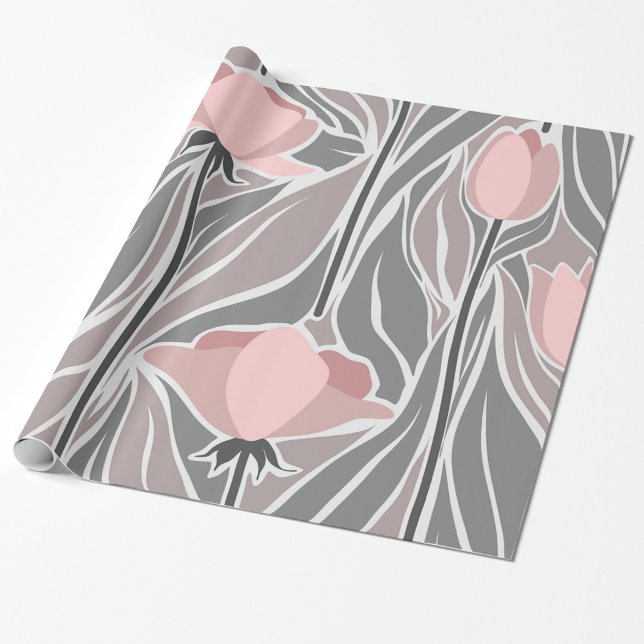 Cadeau Fleurs papier Motif Abstrait (A floral pattern with soft pink tulips against a muted gray background!)