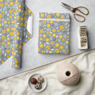Cadeau Jaune Blanc Papier à enveloppement floral gris