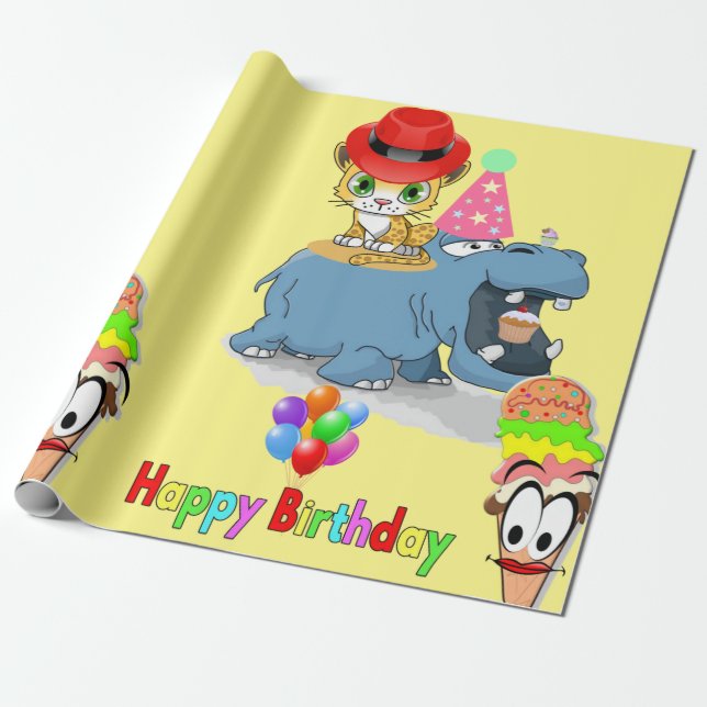 Cadeau Joyeux Anniversaire Papier Hippopotamus Kitten Kit (Déroulé)