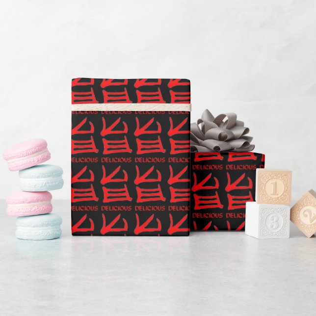 Cadeau Kanji Délicieux papier d'emballage noir mat rouge (Baby Shower)