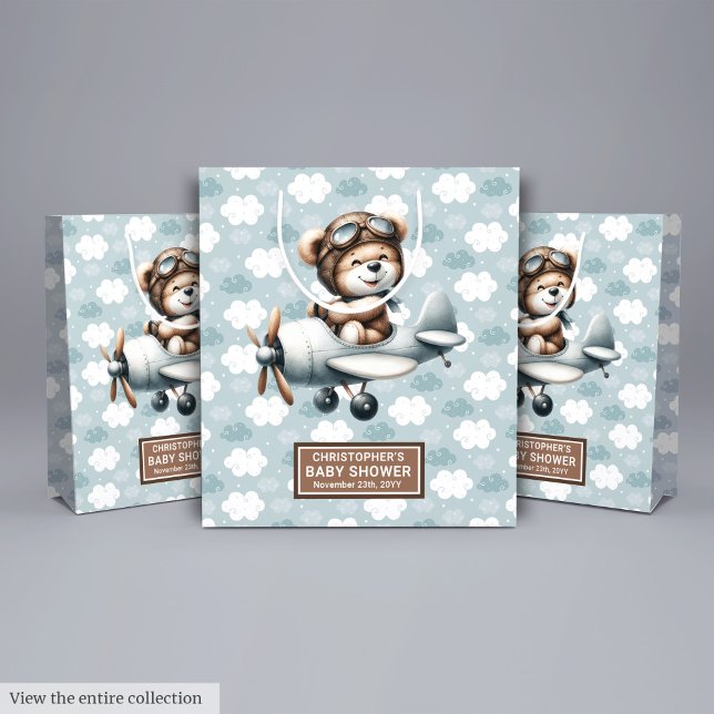 Cadeau Moyen Sac de Baby shower personnalisé avec pilote d'ours (Personalized Baby Shower Bag With Blue Bear Pilot)