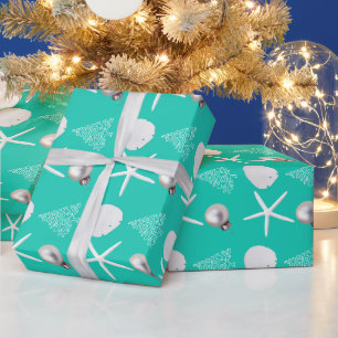 Cadeau Papier à enveloppement turquoise de Noël tropical