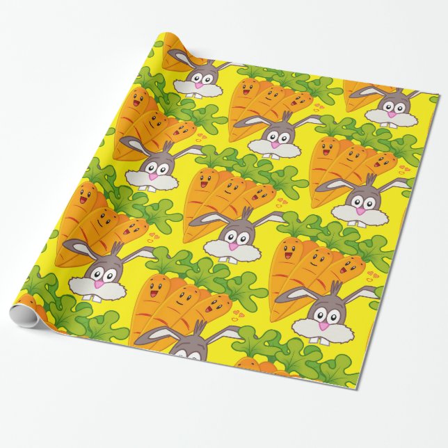 Cadeau Papier à envelopper brillant, Carottes Rabbit Jaun (Déroulé)