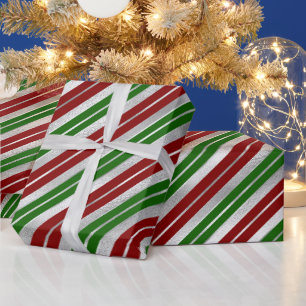 Cadeau Papier alu argenté de fêtes, rayures de Noël verte