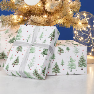 Cadeau Papier aquarelle aux pins verdure Noël Fêtes