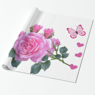 Cadeau Papier brillant à envelopper, Papillon floral rose