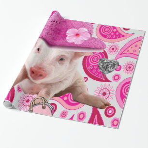 Cadeau Papier brillant, Coeurs d'argent de porc rose
