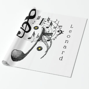 Cadeau Papier brillant, notes de musique noir et blanc