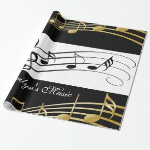 Cadeau Papier brillant, notes de musique noir et blanc