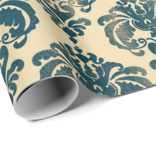 Cadeau Papier damassé rustique moderne glamour or et bleu