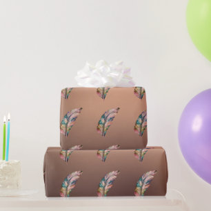 Cadeau Papier de couleur cuivre brillant avec plumes rose