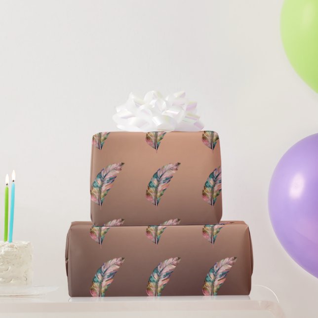 Cadeau Papier de couleur cuivre brillant avec plumes rose (Cadeaux de fête)