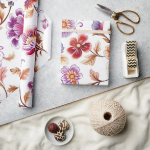 Cadeau Papier de luxe fleurs violettes et cramoisies aqua