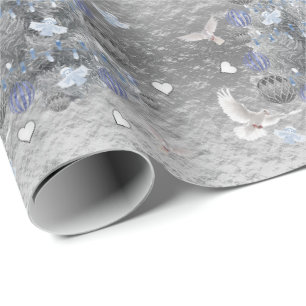 Cadeau Papier de Noël Papier bleu Arbre Argent Coeurs