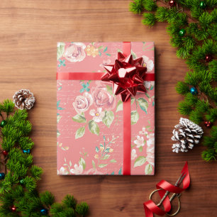 Cadeau Papier d'emballage à motifs floraux rose et vert