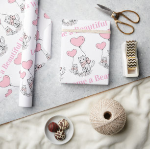 Cadeau Papier d'emballage Baby Shower Chat Cœurs Roses