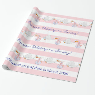 Cadeau Papier d'emballage Bébé Cigogne Rayure rose et bla