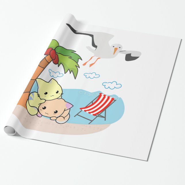 Cadeau Papier d'emballage brillant, chats oiseaux de plag (Déroulé)