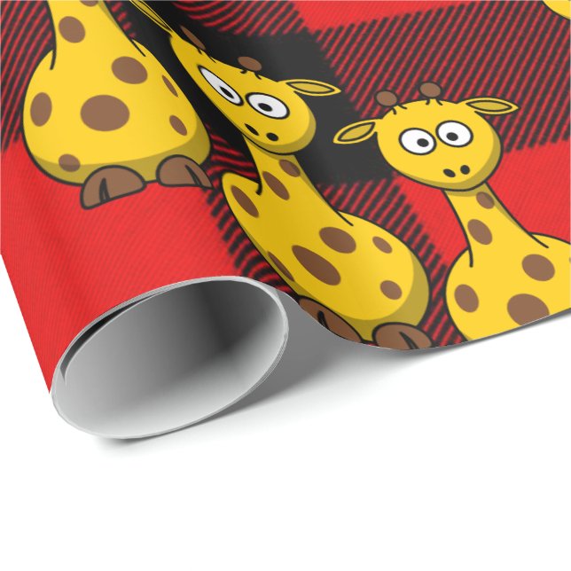 Cadeau Papier d'emballage brillant girafe carreaux rouges (Coin rond)