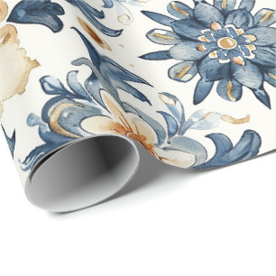 Cadeau Papier d'emballage carreaux floraux bleu et beige,