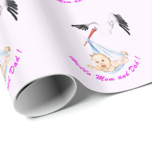 Cadeau Papier d'emballage de fête de bébé avec une cigogn