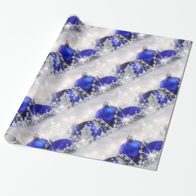 Cadeau Papier d'emballage de Noël argenté et bleu (Déroulé)