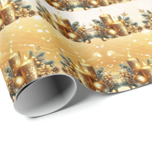 Cadeau Papier d'emballage de Noël avec bougies dorées