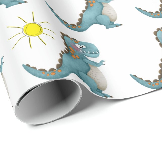 Cadeau Papier d'emballage - Dino bleu (Coin rond)