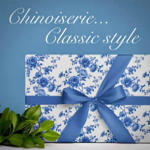 Cadeau Papier d'emballage Fleurs de Chinoiserie Bleu Blan