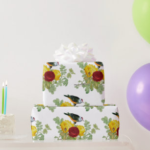 Cadeau Papier d'emballage Fleurs de Roses Jaunes et Oisea