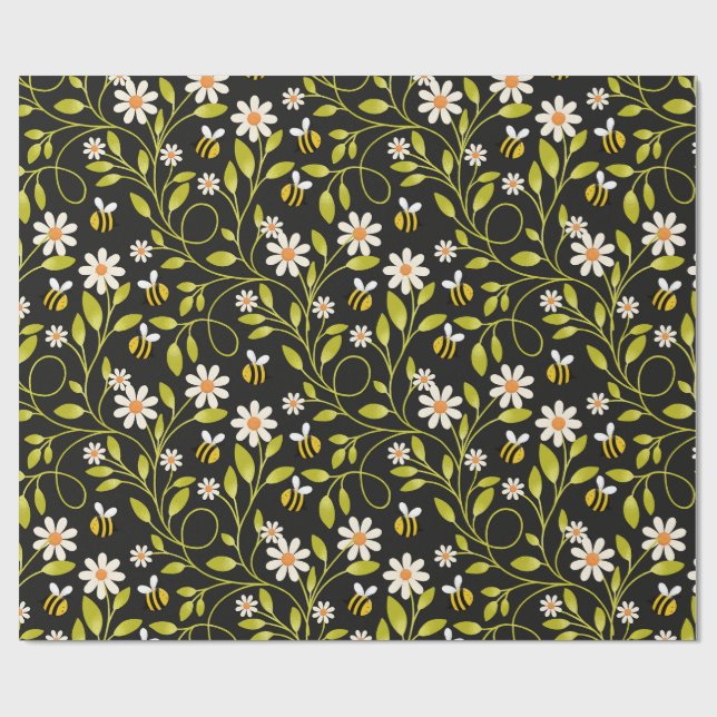 Cadeau Papier d'emballage floral Bee & Daisy noir botaniq (Plat)