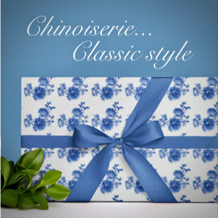 Cadeau Papier d'emballage floral Bleu Blanc Roses à motif