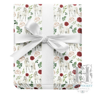 Cadeau Papier d'emballage floral équestre rustique rouge