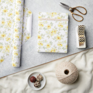 Cadeau Papier d'emballage floral jaune, Fleurs aquarelles