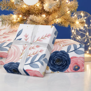Cadeau Papier d'emballage floral rose poudré et bleu mari
