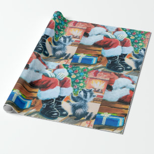 Cadeau Papier d'emballage Raccoon et Père Noël Christmas
