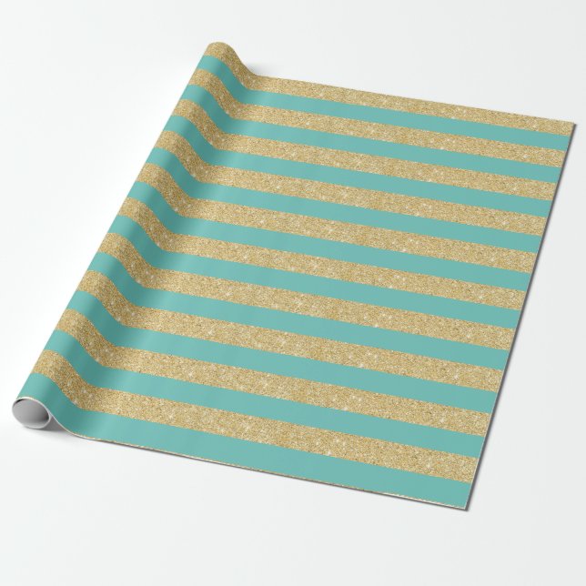 Cadeau Papier d'emballage rayures paillettes sarcelle cla (Déroulé)