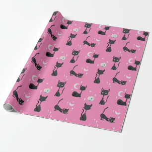 Cadeau Papier d'emballage rose lune étoiles chats mignons