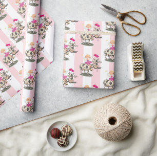 Cadeau Papier d'emballage Rose & Rayure Blanche Fée Vache