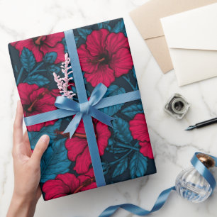 Cadeau Papier d'emballage rouge aux fleurs d'hibiscus