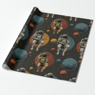 Cadeau Papier d'emballage Scène spatiale rétro astronauti