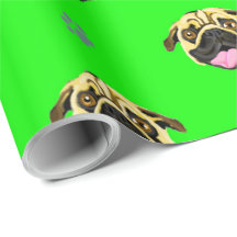 Papier d'emballage visage de Pug vert