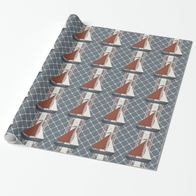 Cadeau Papier d'emballage Voilier Rouge et Bleu (Déroulé)